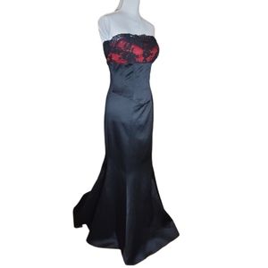 ABS by A.Schwartz Steampunk Lace Embroidered Trumpet Gown –Women’s M Black Satin